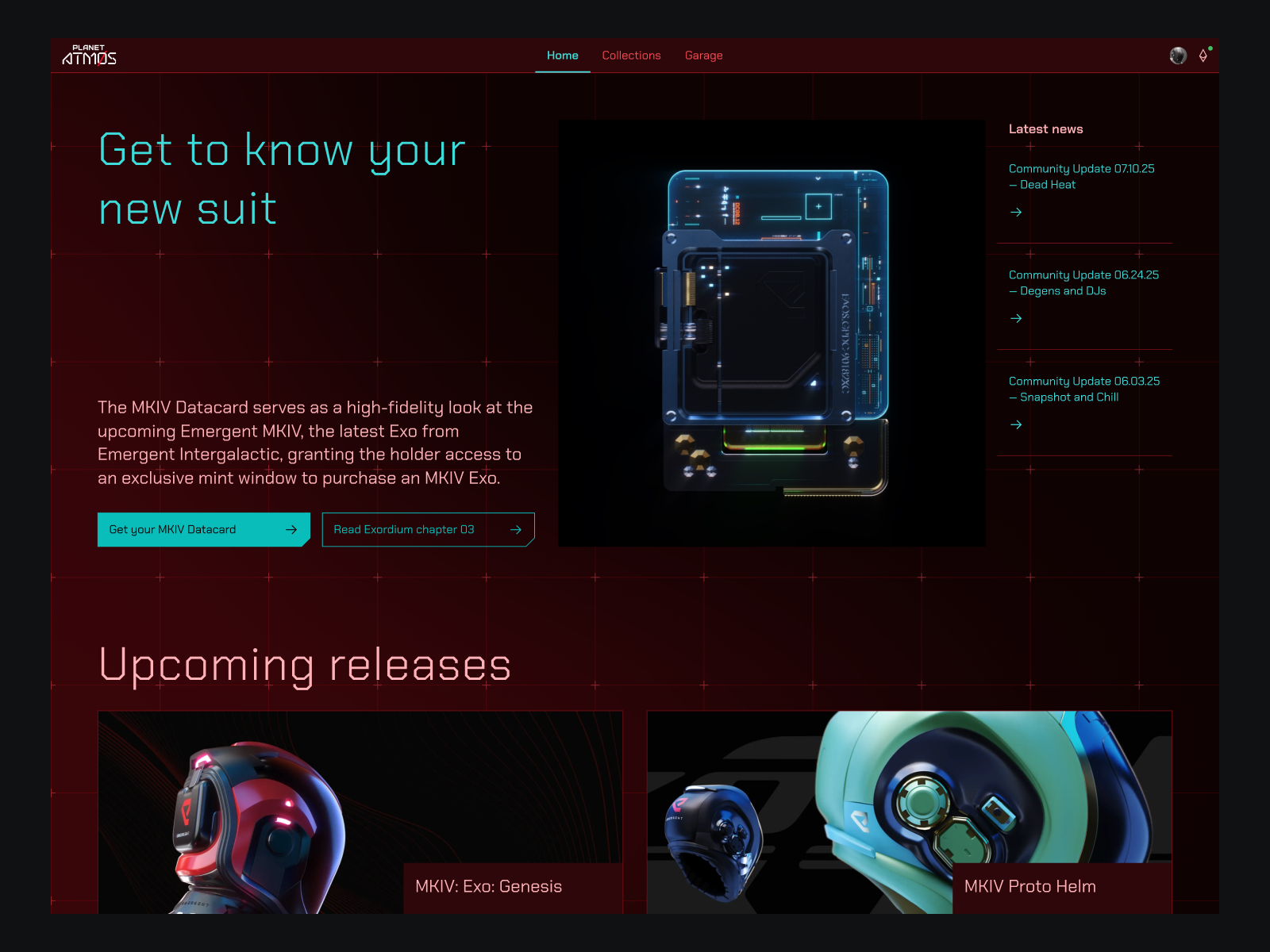 A futuristic dashboard design of Planet Atmos website with the MKIV Datacard in the hero section, followed by an Upcoming Releases section