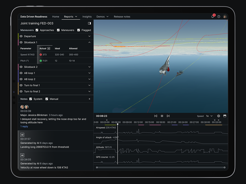 User interface design of Data Driven Readines with maneuvers graded by AI, a viewport
that simulates flights, and a timeline that visualizes flight performance data