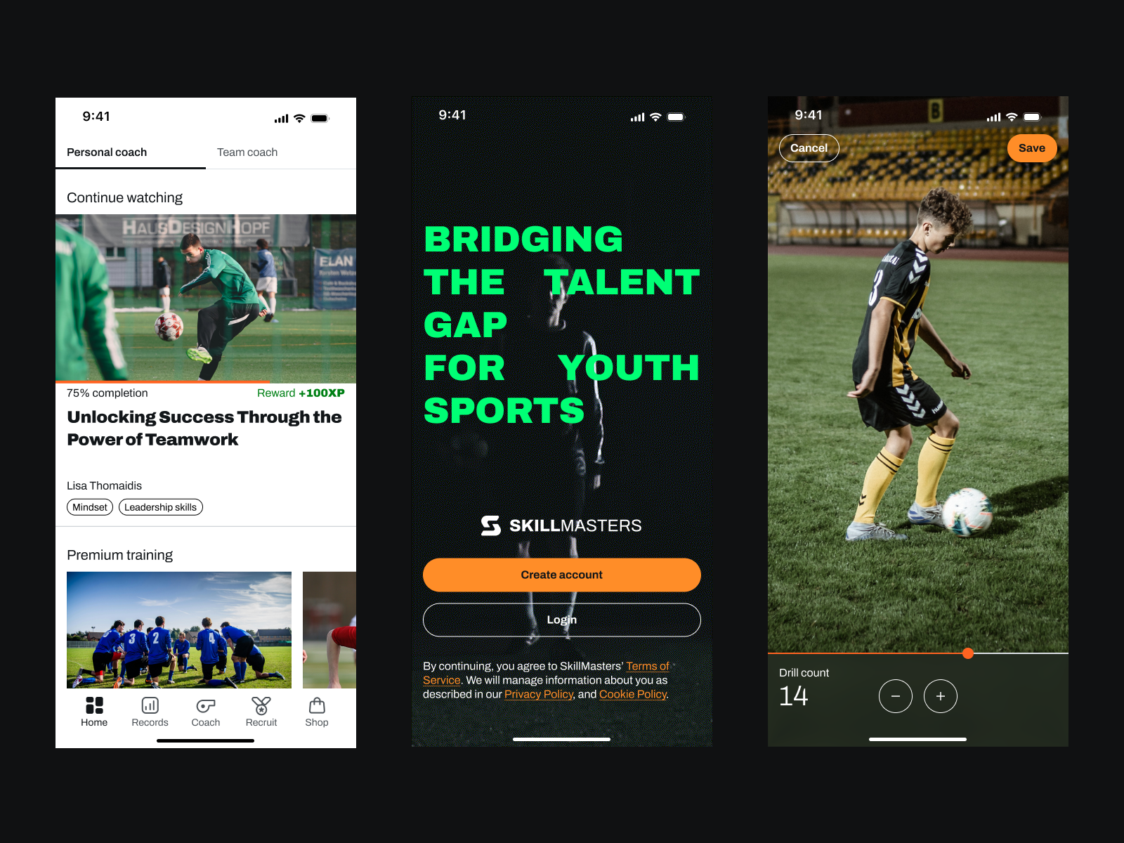 Three mobile screens, the first screen is showing a dashboard, the second screen shows the landing page that reads Bridging the Talent Gap For Youth Sports, the third screen shows a young athelete practicing soccer